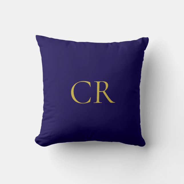 Blauw & Goud Kleur Monogram Modern Minimalistisch  Kussen (Voorkant)