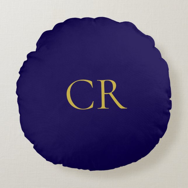 Blauw & Goud Kleur Monogram Modern Minimalistisch  Rond Kussen (Voorkant)