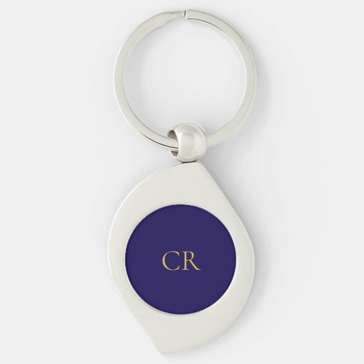 Blauw & Goud Kleur Monogram Modern Minimalistisch Sleutelhanger (Voorkant)