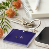 Blauw & Goud Kleur Monogram Modern Minimalistisch Sleutelhanger (Voorkant Rechts)