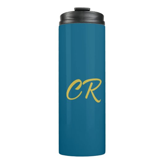 Blauw & Goud Kleur Monogram Moderne Minimalist Thermosbeker (Voorkant)