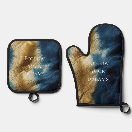 Blauw Goud Koeienhuid Ovenwant & Pannenlap Set (Voorkant)