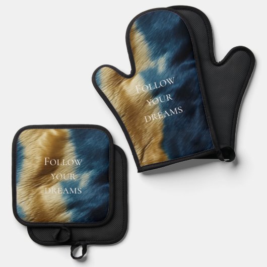 Blauw Goud Koeienhuid Ovenwant & Pannenlap Set (Voorkant / Achterkant)