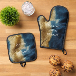 Blauw Goud Koeienhuid Ovenwant & Pannenlap Set