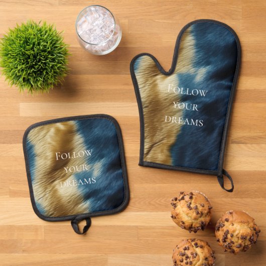 Blauw Goud Koeienhuid Ovenwant & Pannenlap Set (Top down)