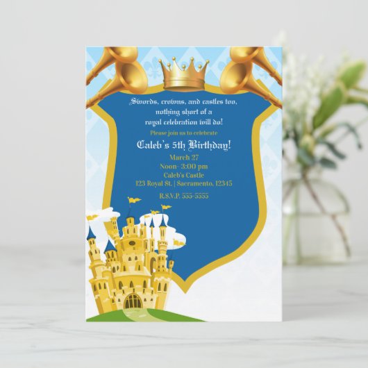 Blauw & Goud Koninklijk Prins Kasteel Verjaardagsf Kaart (Staand voorkant)