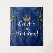 Blauw & Goud Koninklijke Elegante Verjaardagsfeest Wandkleed (Voorkant)