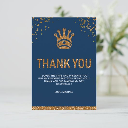 Blauw Goud Koninklijke Prins Kroon Verjaardagsfees Bedankkaart (Staand voorkant)