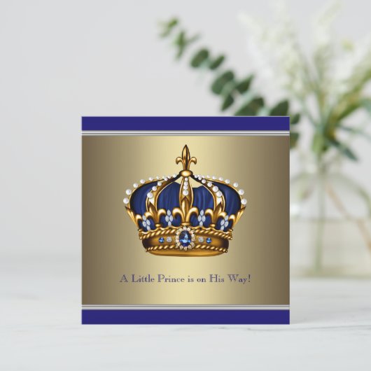Blauw Goud Kroon Kleine Prince Boy Baby shower Kaart (Staand voorkant)
