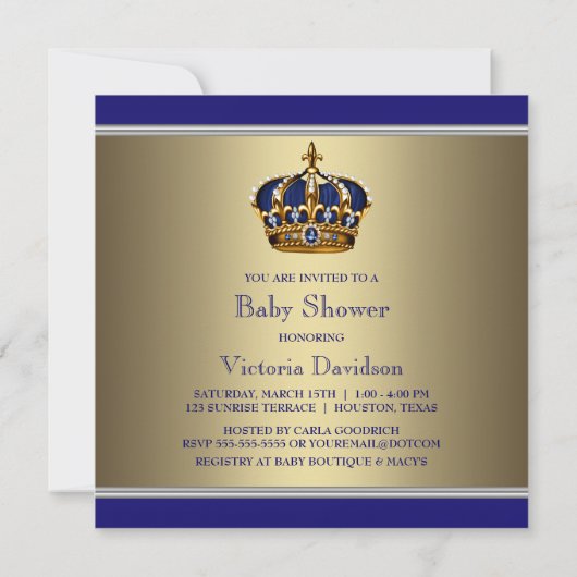 Blauw Goud Kroon Kleine Prince Boy Baby shower Kaart (Achterkant)