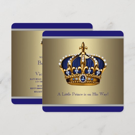 Blauw Goud Kroon Kleine Prince Boy Baby shower Kaart (Voorkant / Achterkant)