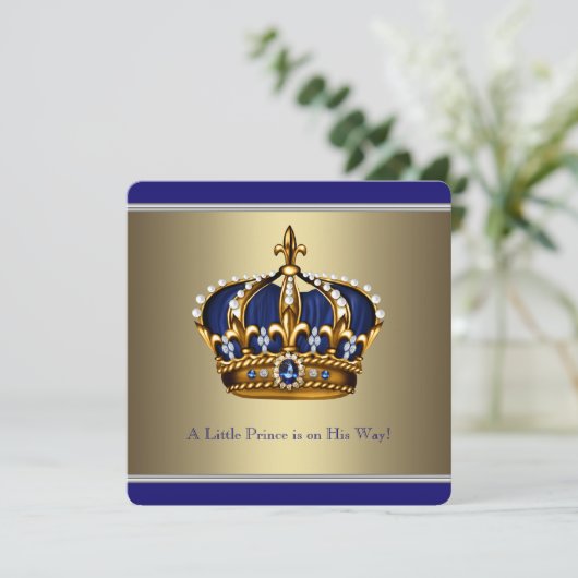 Blauw Goud Kroon Kleine Prince Boy Baby shower Kaart (Staand voorkant)