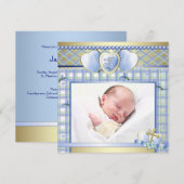 Blauw Goud Kruis Blauw Baby Boy Foto Doop Kaart (Voorkant / Achterkant)