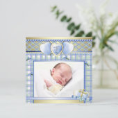 Blauw Goud Kruis Blauw Baby Boy Foto Doop Kaart (Staand voorkant)