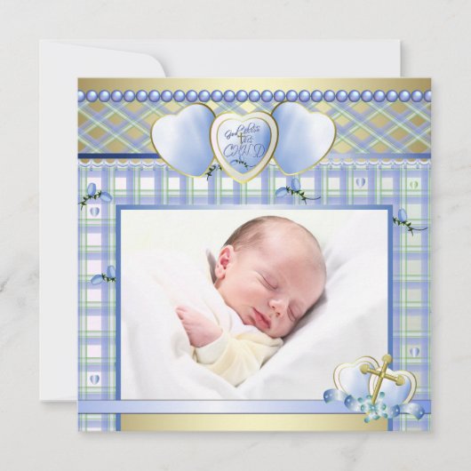 Blauw Goud Kruis Blauw Baby Boy Foto Doop Kaart (Voorkant)