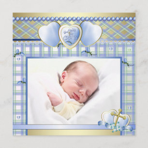 Blauw Goud Kruis Blauw Baby Boy Foto Doop Kaart