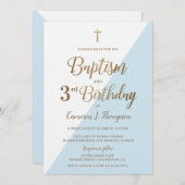 Blauw Goud Kruis Doop 3e Verjaardag Uitnodiging (Voorkant / Achterkant)