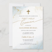Blauw Goud Kruis Jongen Eerste Heilige Communie Kaart (Voorkant)