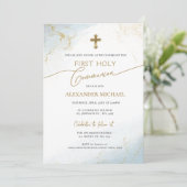 Blauw Goud Kruis Jongen Eerste Heilige Communie Kaart (Staand voorkant)