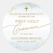 Blauw Goud Kruis Jongen Eerste Heilige Communie Ronde Sticker (Voorkant)