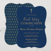 Blauw Goud Kruis Jongen Elegante Eerste Heilige Co Kaart (Voorkant / Achterkant)