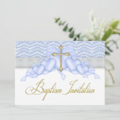 Blauw Goud Kruis Jongens Blauw Doopsel Kaart (Staand voorkant)