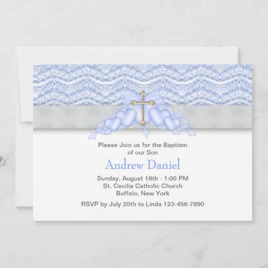 Blauw Goud Kruis Jongens Blauw Doopsel Kaart (Achterkant)