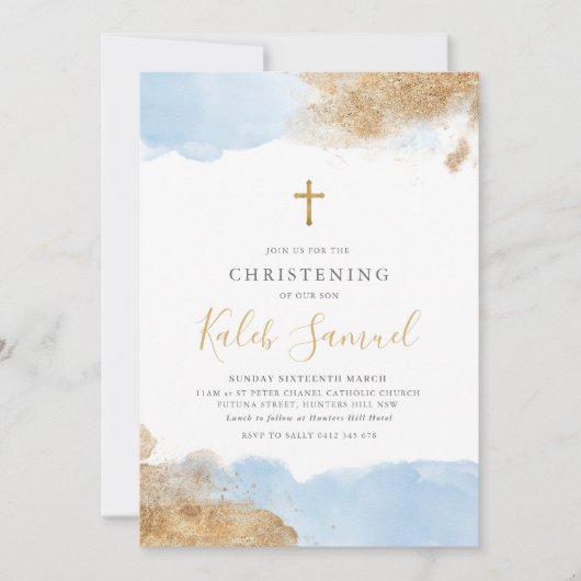 Blauw Goud Kruis Jongens Doop Doop Kaart (Voorkant)