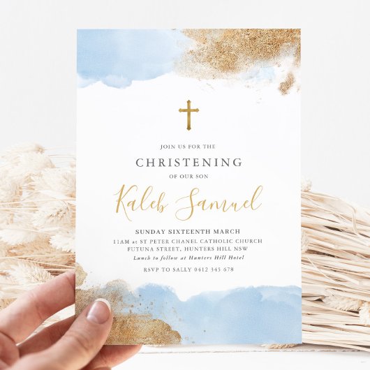 Blauw Goud Kruis Jongens Doop Doop Kaart