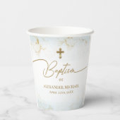 Blauw Goud Kruis Naam Typografie Jongensdoop Papieren Bekers (Achterkant)