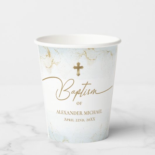 Blauw Goud Kruis Naam Typografie Jongensdoop Papieren Bekers (Achterkant)