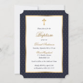Blauw Goud Kruis Polka Dots Elegant Script Doop Kaart (Voorkant)