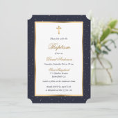 Blauw Goud Kruis Sterren Elegant Script Doop Kaart (Staand voorkant)