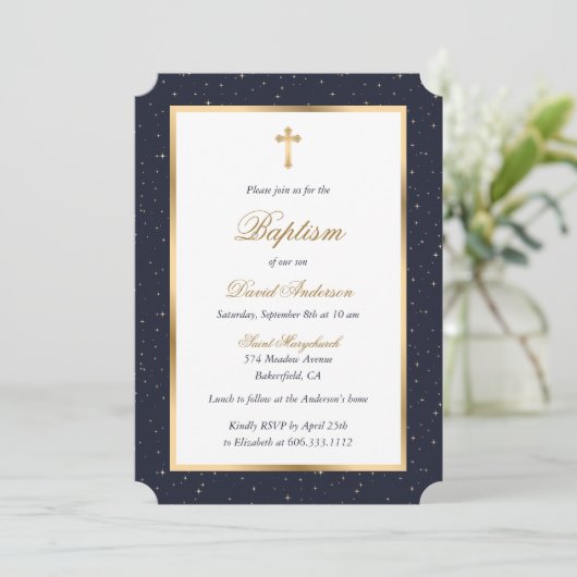 Blauw Goud Kruis Sterren Elegant Script Doop Kaart (Staand voorkant)