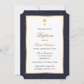 Blauw Goud Kruis Sterren Elegant Script Doop Kaart (Voorkant)