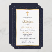 Blauw Goud Kruis Sterren Elegant Script Doop Kaart (Voorkant / Achterkant)