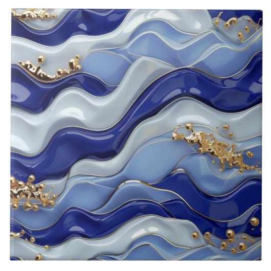 Blauw Goud Kuststrand Nautische golven Tegeltje (Voorkant)
