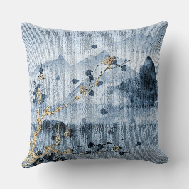 Blauw Goud Landschap Weefsel Getextureerd Kussen (Achterkant)