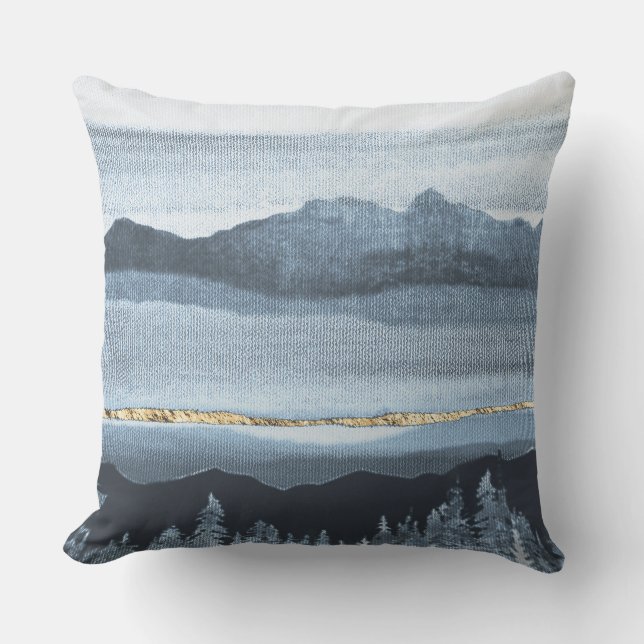 Blauw Goud Landschap Weefsel Getextureerd Kussen (Voorkant)