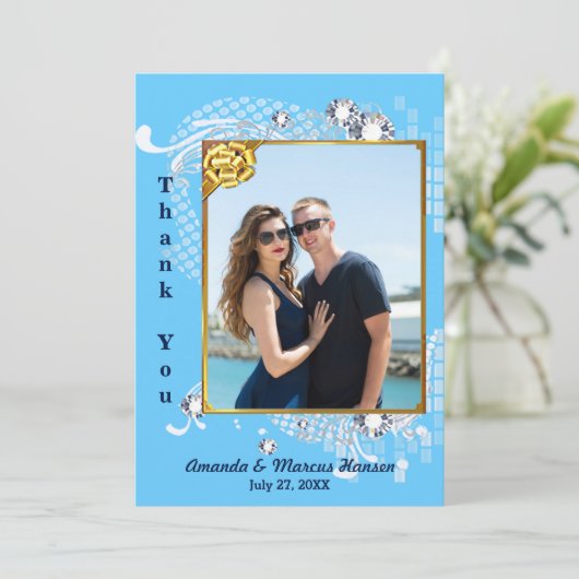 Blauw & Goud Lijst & Diamonds Afbeelding Dank u ka Bedankkaart (Staand voorkant)