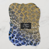 Blauw Goud Luipaard Dierenprint Glitter Bruiloft Kaart (Voorkant / Achterkant)