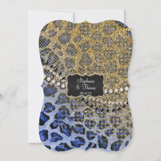 Blauw Goud Luipaard Dierenprint Glitter Bruiloft Kaart (Voorkant)