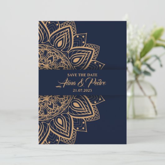 Blauw Goud Luxe Bruiloft Uitnodiging Kaart (Staand voorkant)