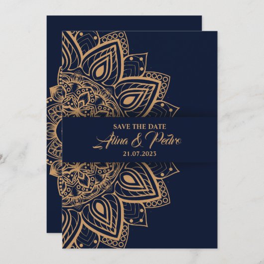 Blauw Goud Luxe Bruiloft Uitnodiging Kaart (Voorkant / Achterkant)