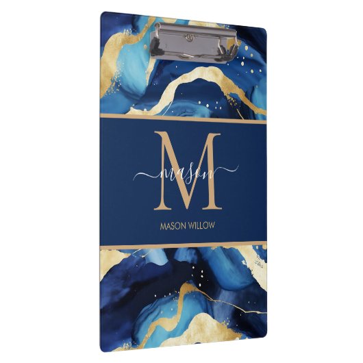 Blauw Goud Mable Moderne Monogram Script Naam Clip Klembord (Rechts)