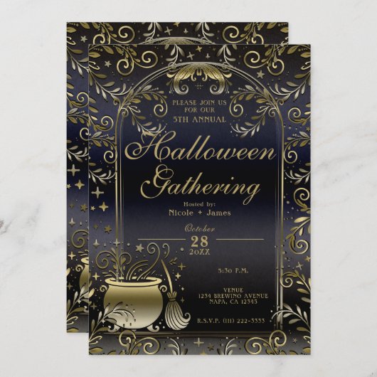 Blauw Goud Magische Whimsical Halloween Party Kaart (Voorkant / Achterkant)