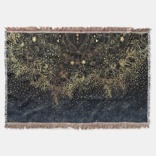 Blauw Goud Mandala Bloemen Deken (Voorkant)