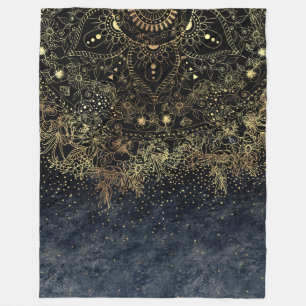 Blauw Goud Mandala Bloemen Fleece Deken