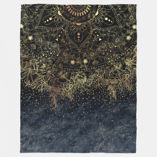 Blauw Goud Mandala Bloemen Fleece Deken (Voorkant)
