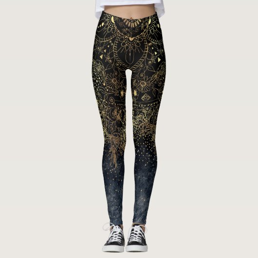 Blauw Goud Mandala Bloemen Leggings (Voorkant)